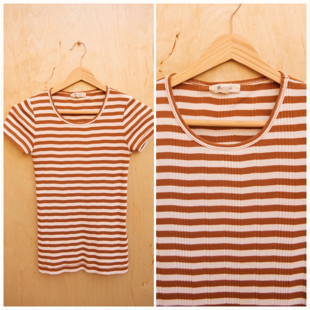 Madewell Rust White Stripe Ribbed Slim Knit Knitwear Top Tee T-shirt XS Small